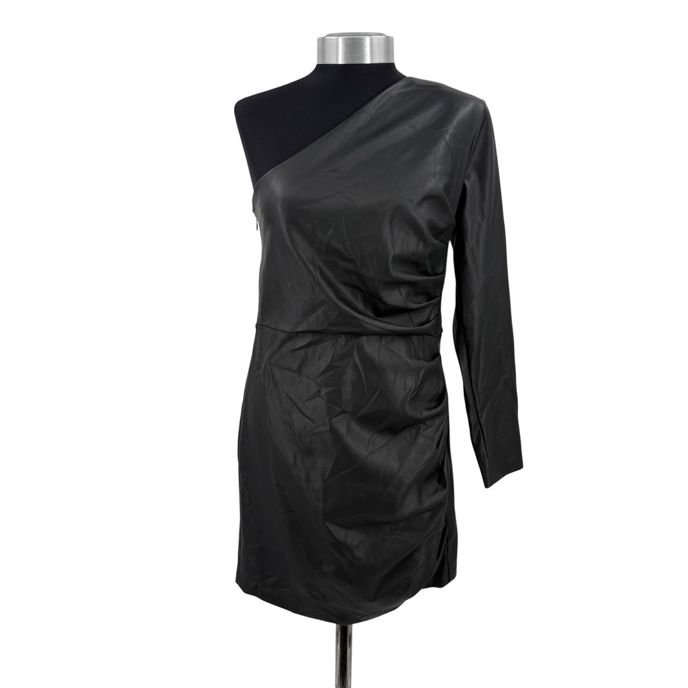 Express Mini Dress Medium Faux Leather One Shoulder Black Long Sleeve Edgy